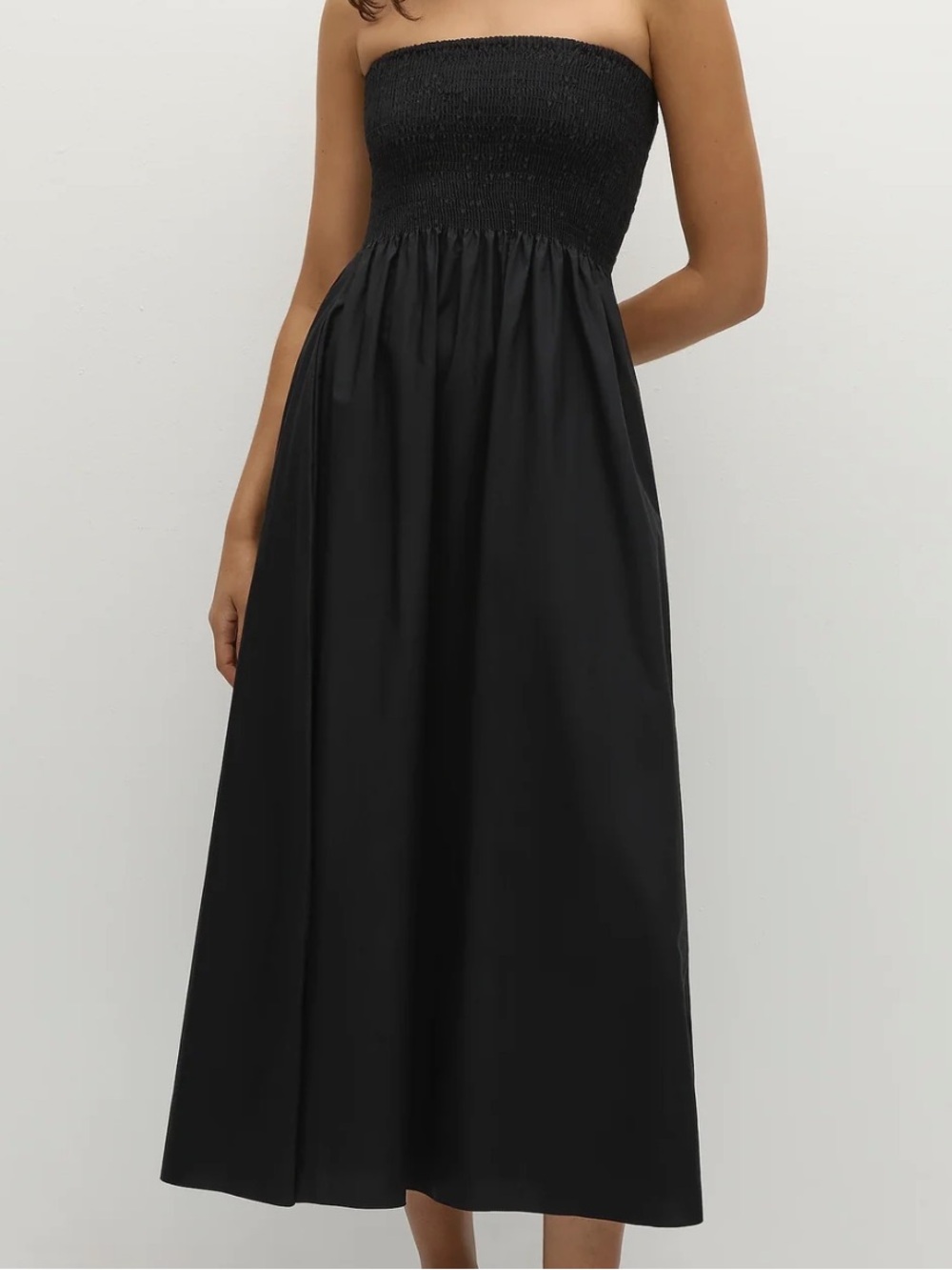 FAITHFULL Jamie Strapless Smocked Black Midi Dress